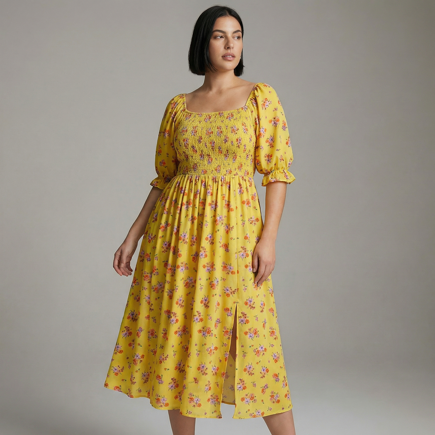 Floral Smocked Midi Dress | Black, Pink & Yellow Puff Sleeve Dress | Square Neck Smocked Dress