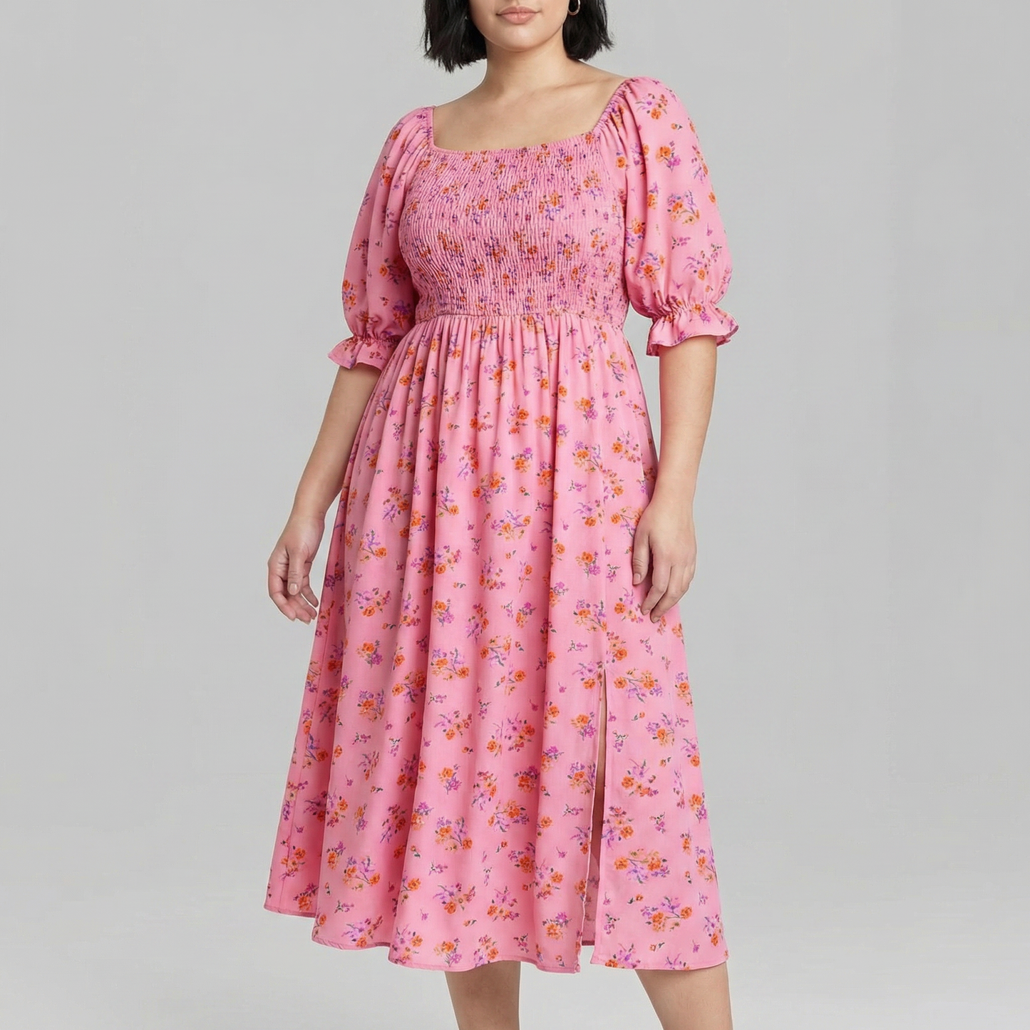 Floral Smocked Midi Dress | Black, Pink & Yellow Puff Sleeve Dress | Square Neck Smocked Dress
