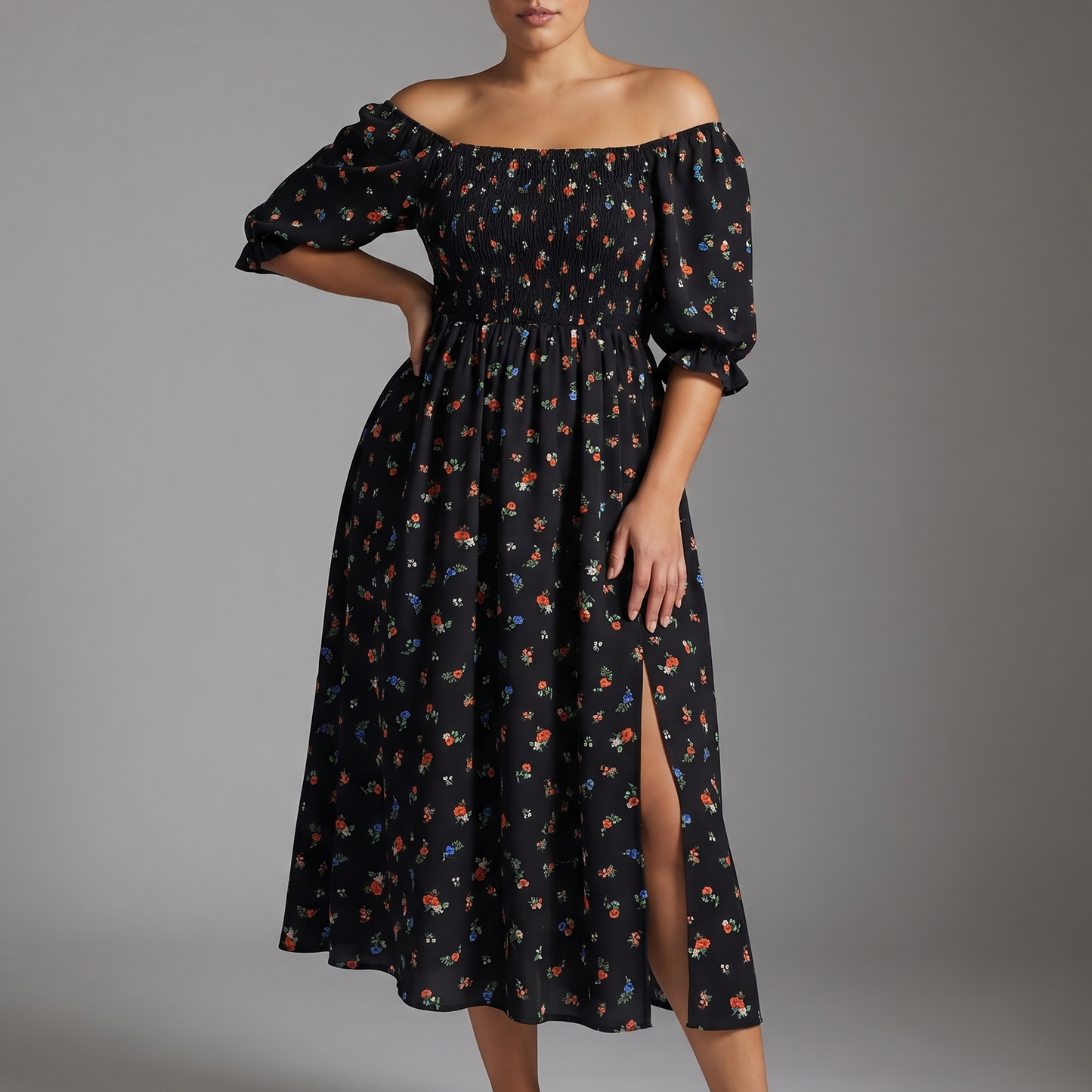 Floral Smocked Midi Dress | Black, Pink & Yellow Puff Sleeve Dress | Square Neck Smocked Dress