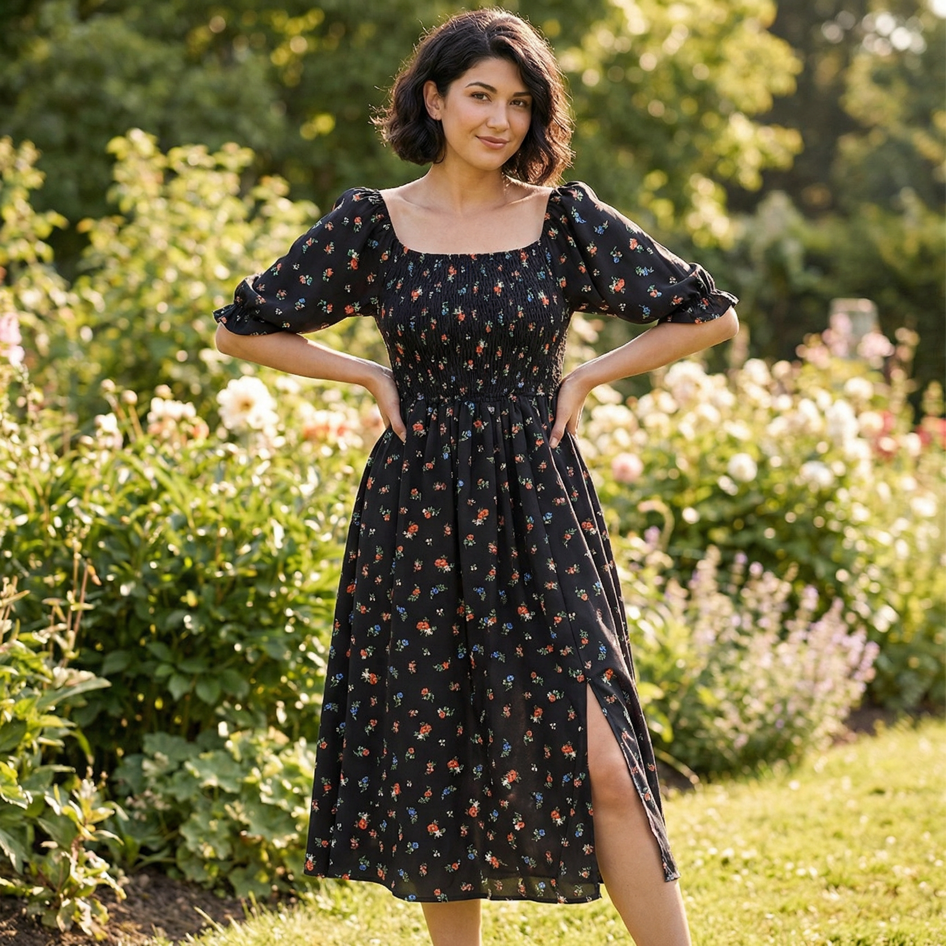 Floral Smocked Midi Peasant Dress | Black, Pink & Yellow Puff Sleeve Dress