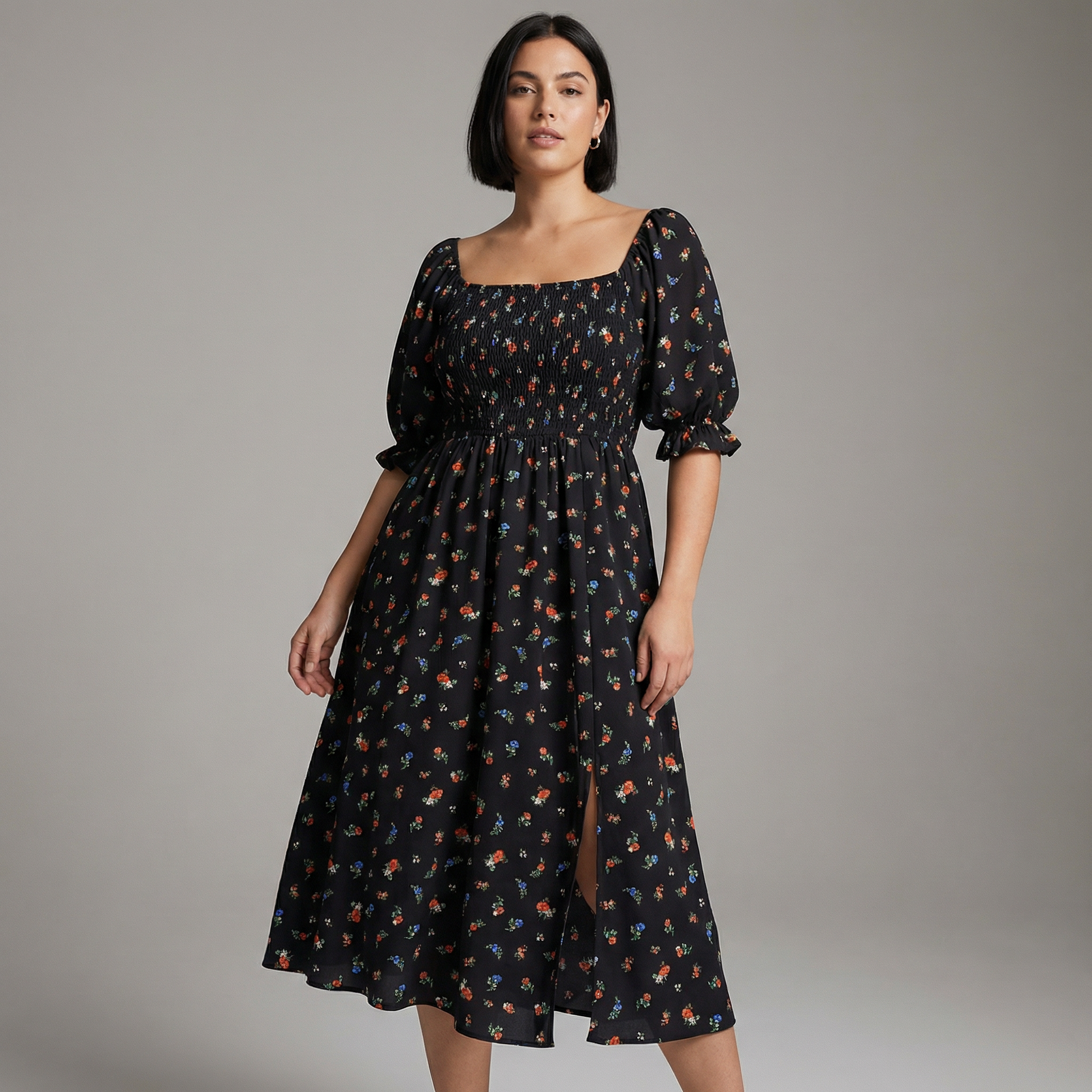 Floral Smocked Midi Dress | Black, Pink & Yellow Puff Sleeve Dress | Square Neck Smocked Dress