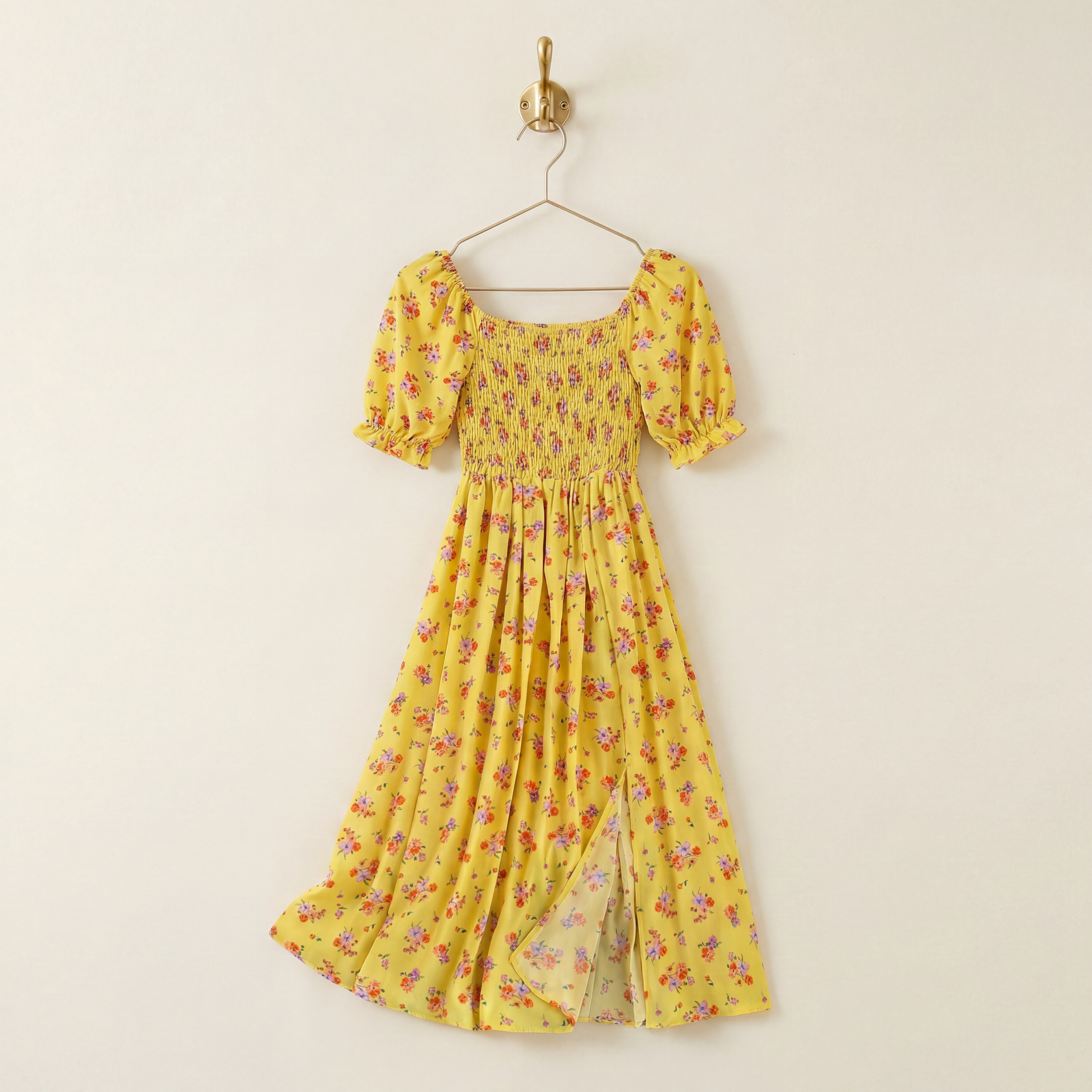 Floral Smocked Midi Peasant Dress | Black, Pink & Yellow Puff Sleeve Dress