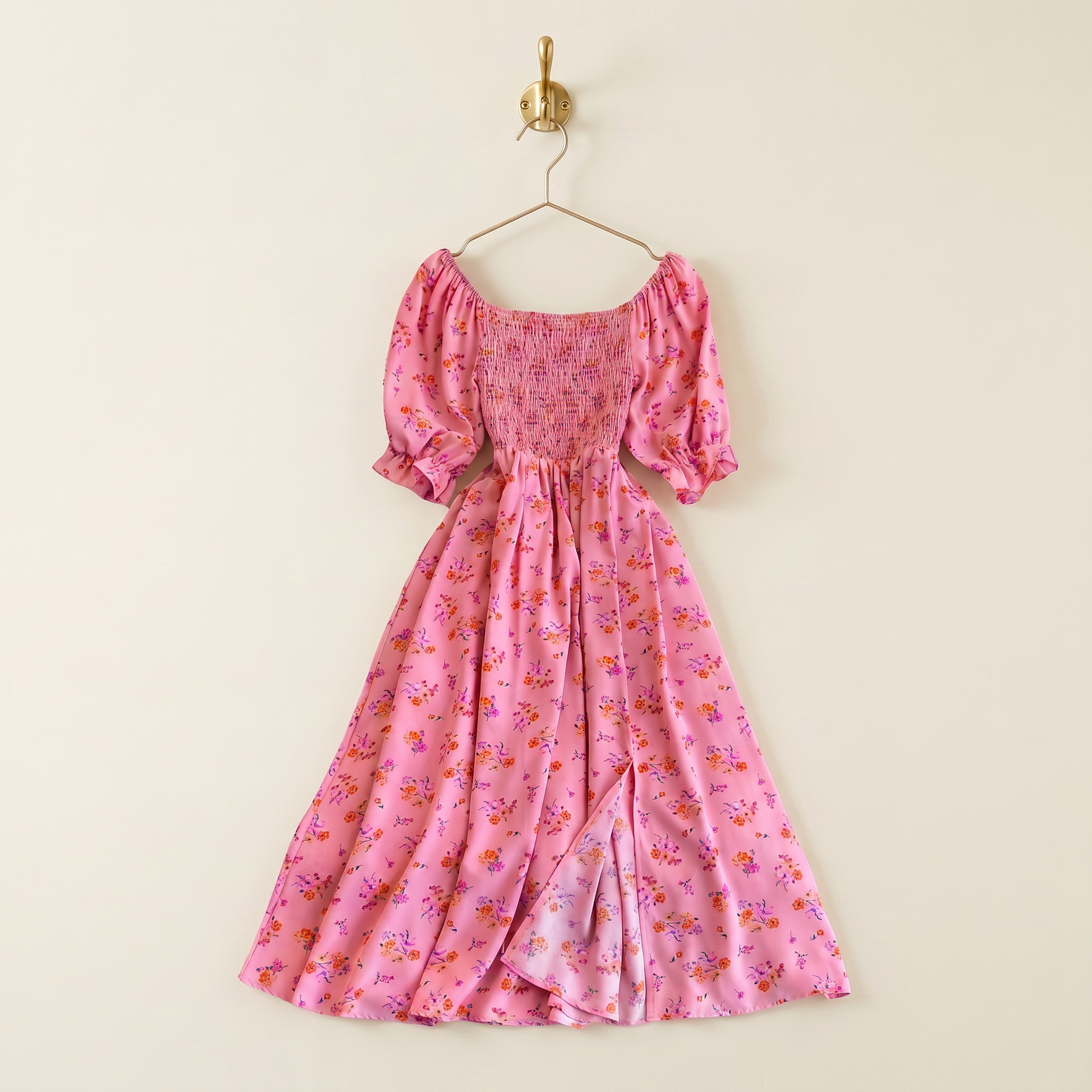 Floral Smocked Midi Peasant Dress | Black, Pink & Yellow Puff Sleeve Dress
