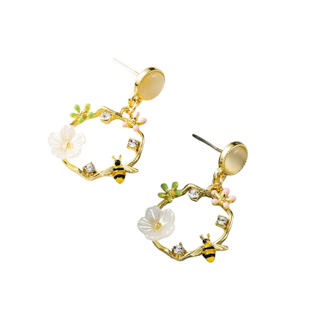 Floral and Bee Gold Drop Earrings