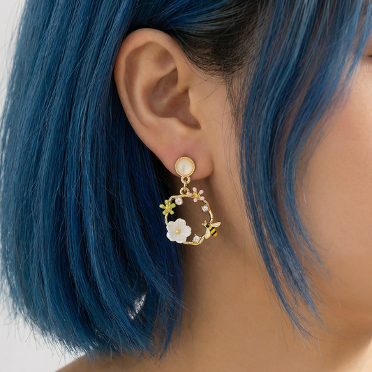 Floral and Bee Gold Drop Earrings