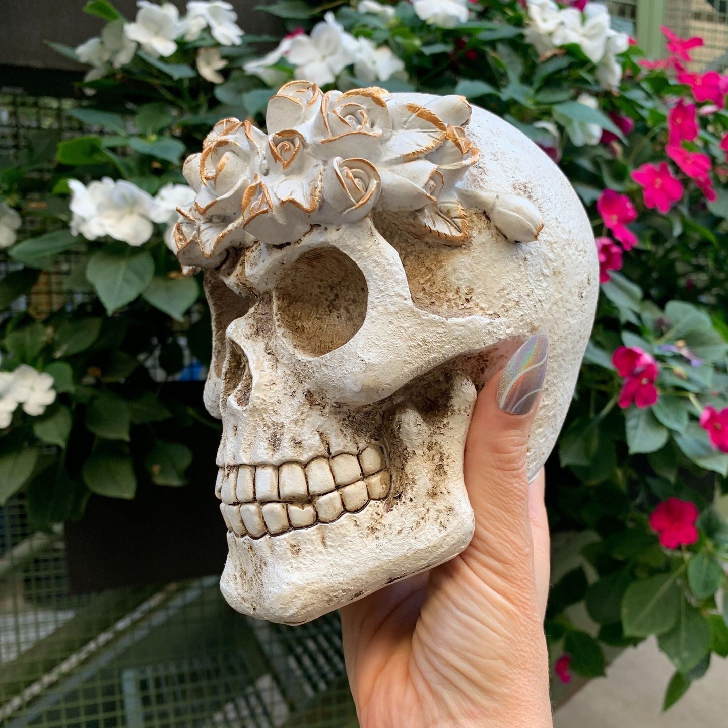 Flower Crown Skull Decor | Human Head Sculpture Figurine