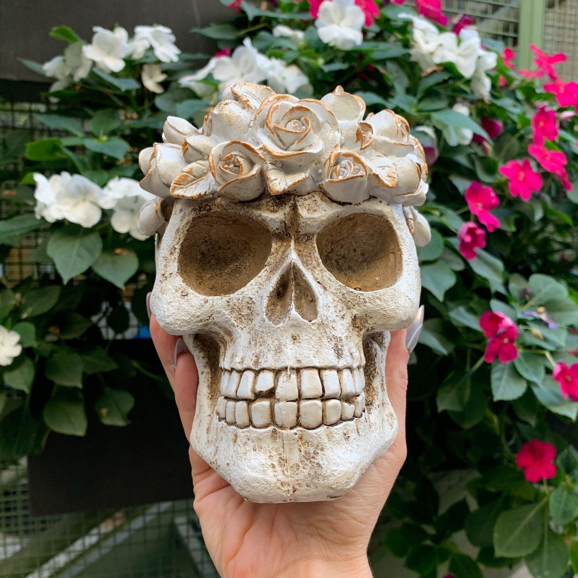 Floral Skull Figurine | Human Head Sculpture Seasonal Home Accent