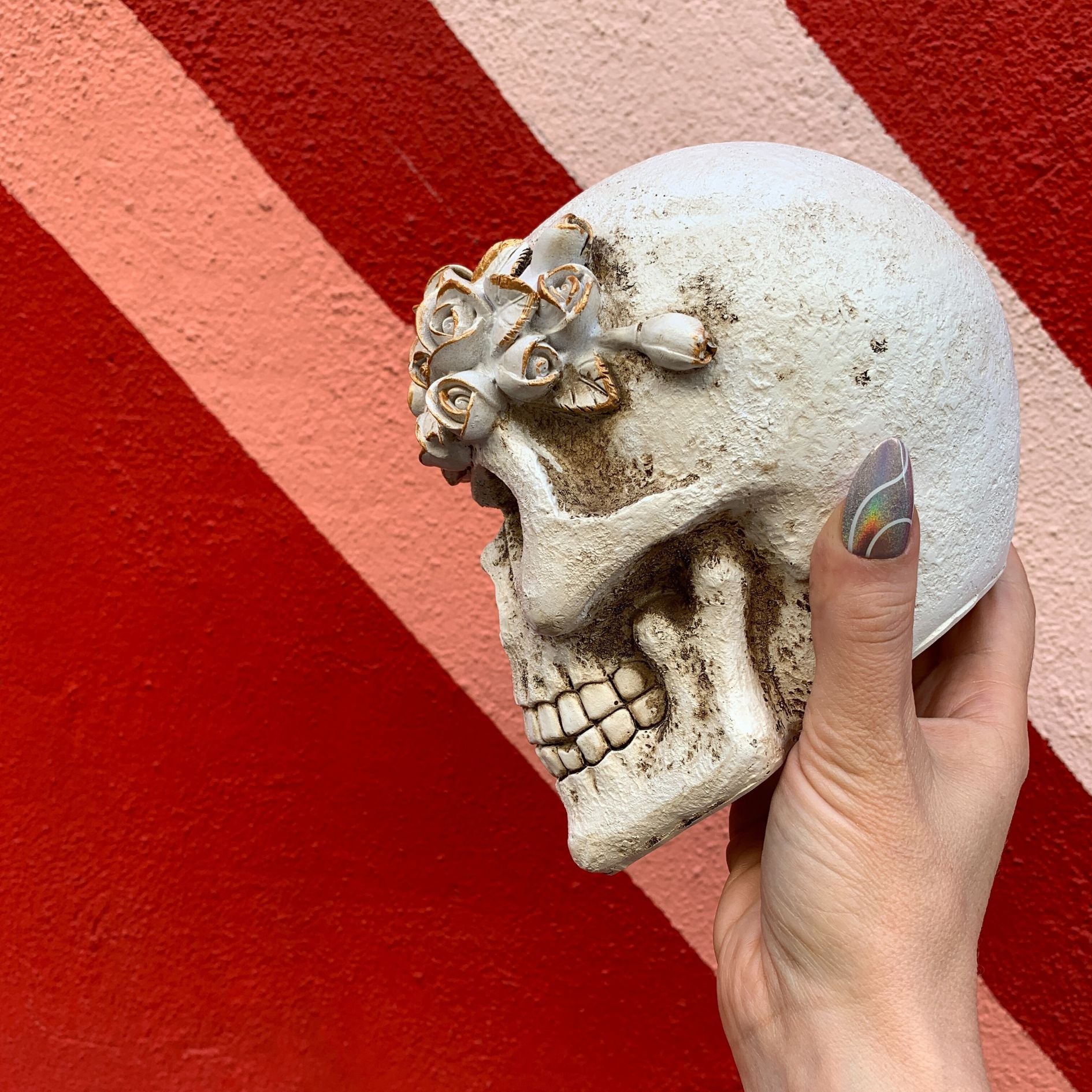 Floral Skull Figurine | Human Head Sculpture Seasonal Home Accent