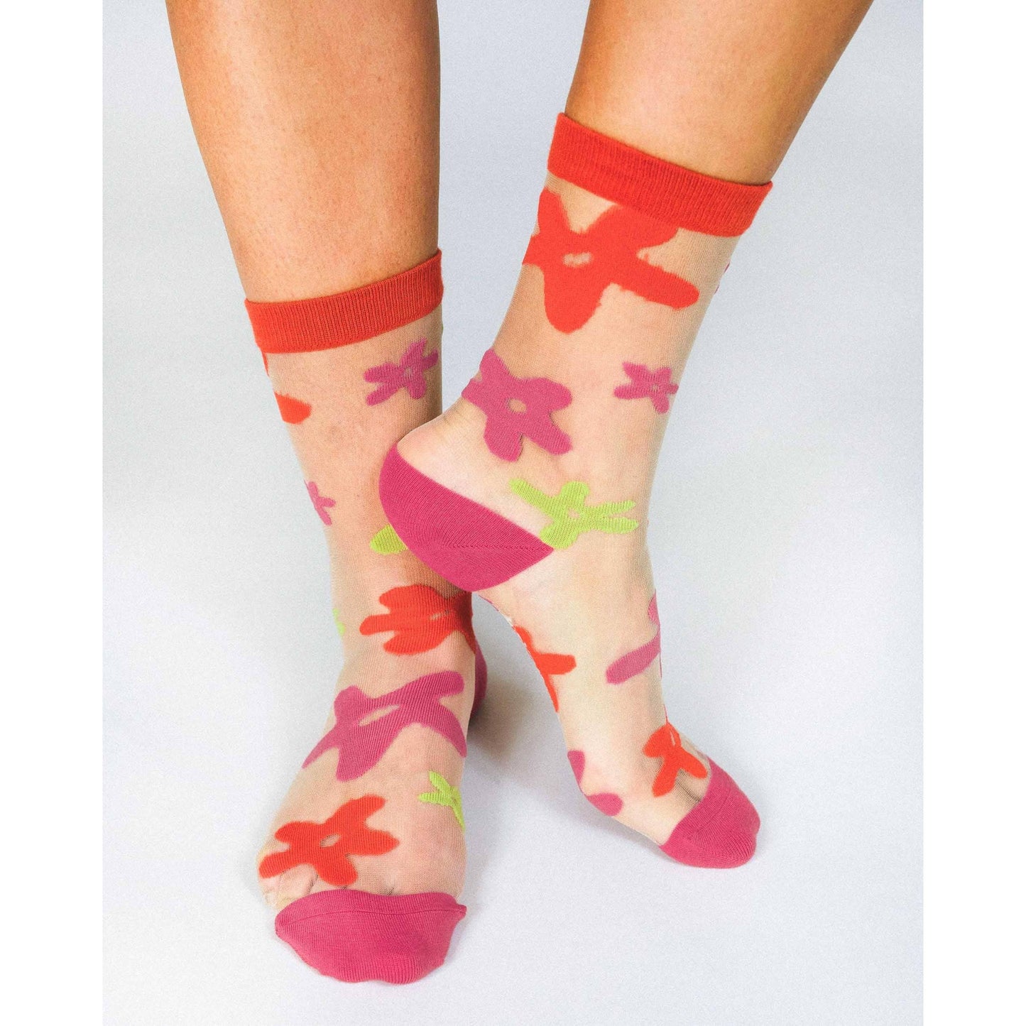 Flower Sheer Crew Socks by Hannah Packer | Women's Lightweight Floral Crew Socks | 70s-Inspired Sheer Socks