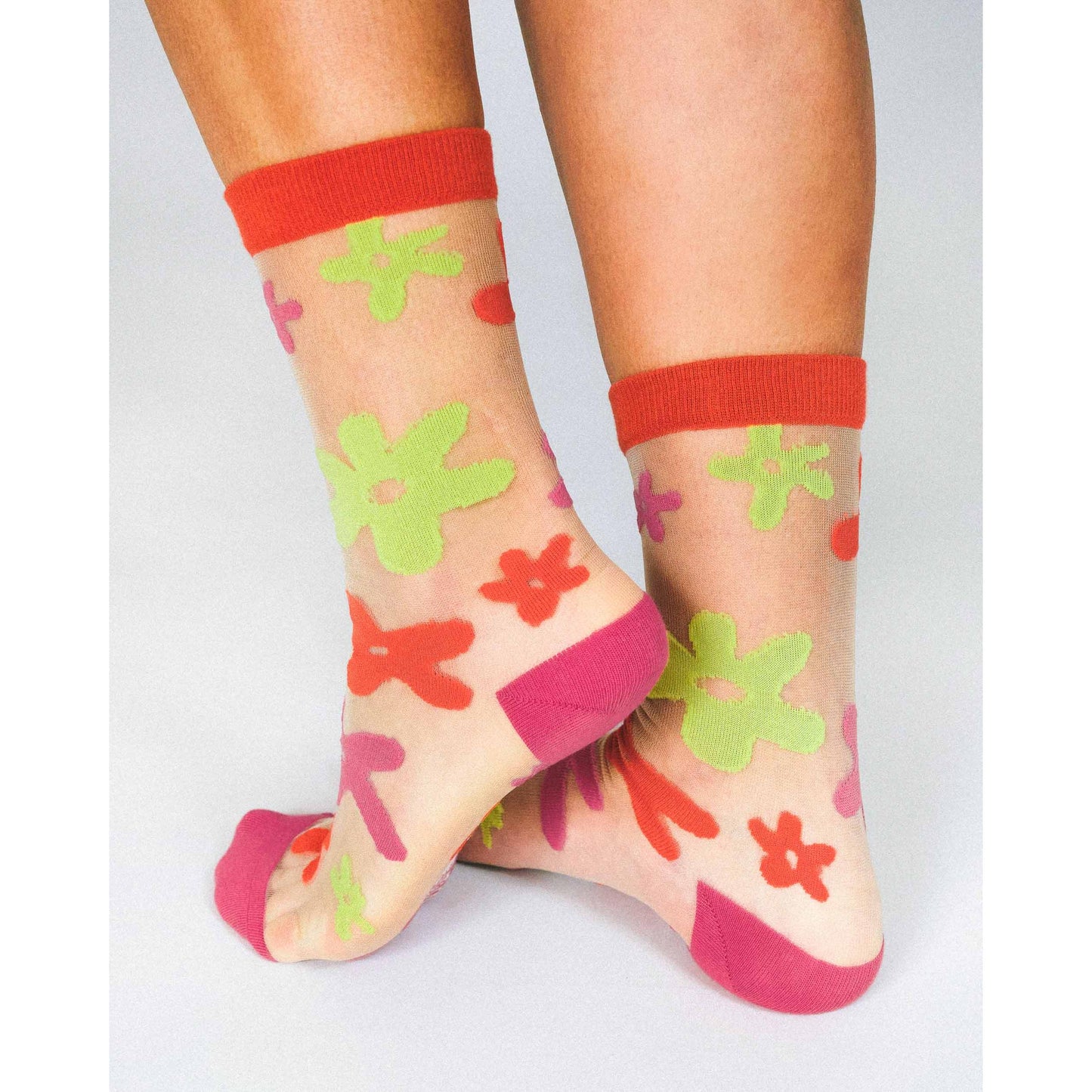 Flower Sheer Crew Socks by Hannah Packer | Women's Lightweight Floral Crew Socks | 70s-Inspired Sheer Socks