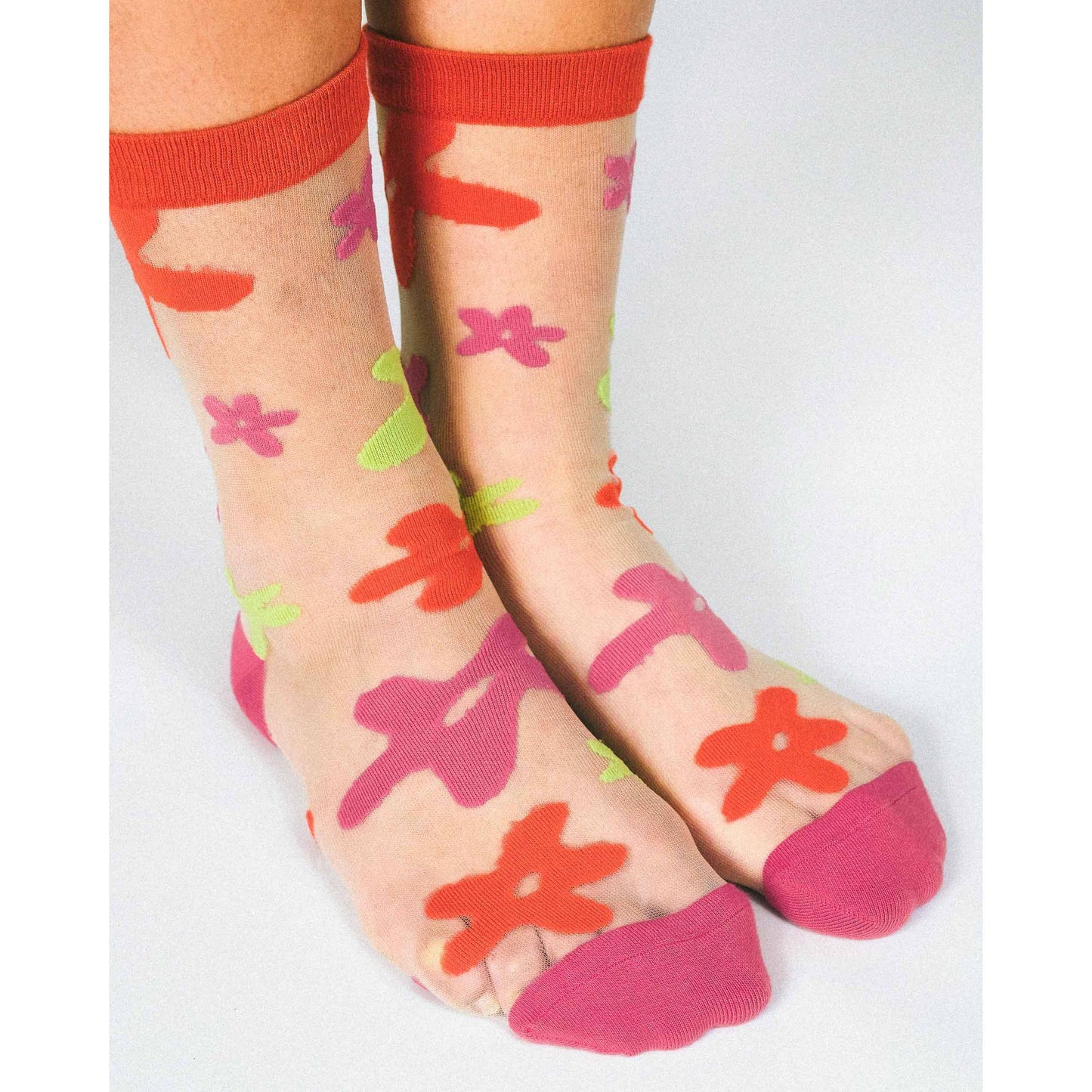 Flower Sheer Crew Socks by Hannah Packer | Women's Lightweight Floral Crew Socks | 70s-Inspired Sheer Socks