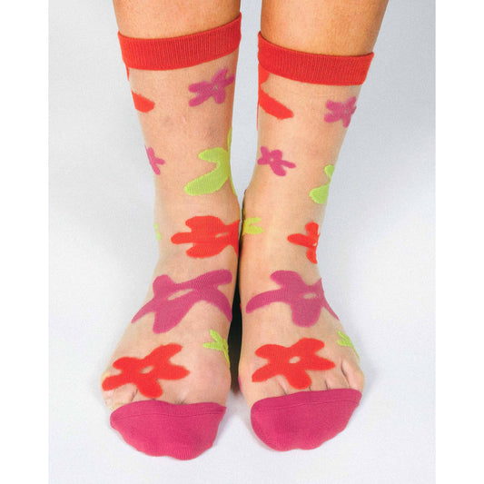 Flower Sheer Crew Socks by Hannah Packer | Women's Lightweight Floral Crew Socks | 70s-Inspired Sheer Socks