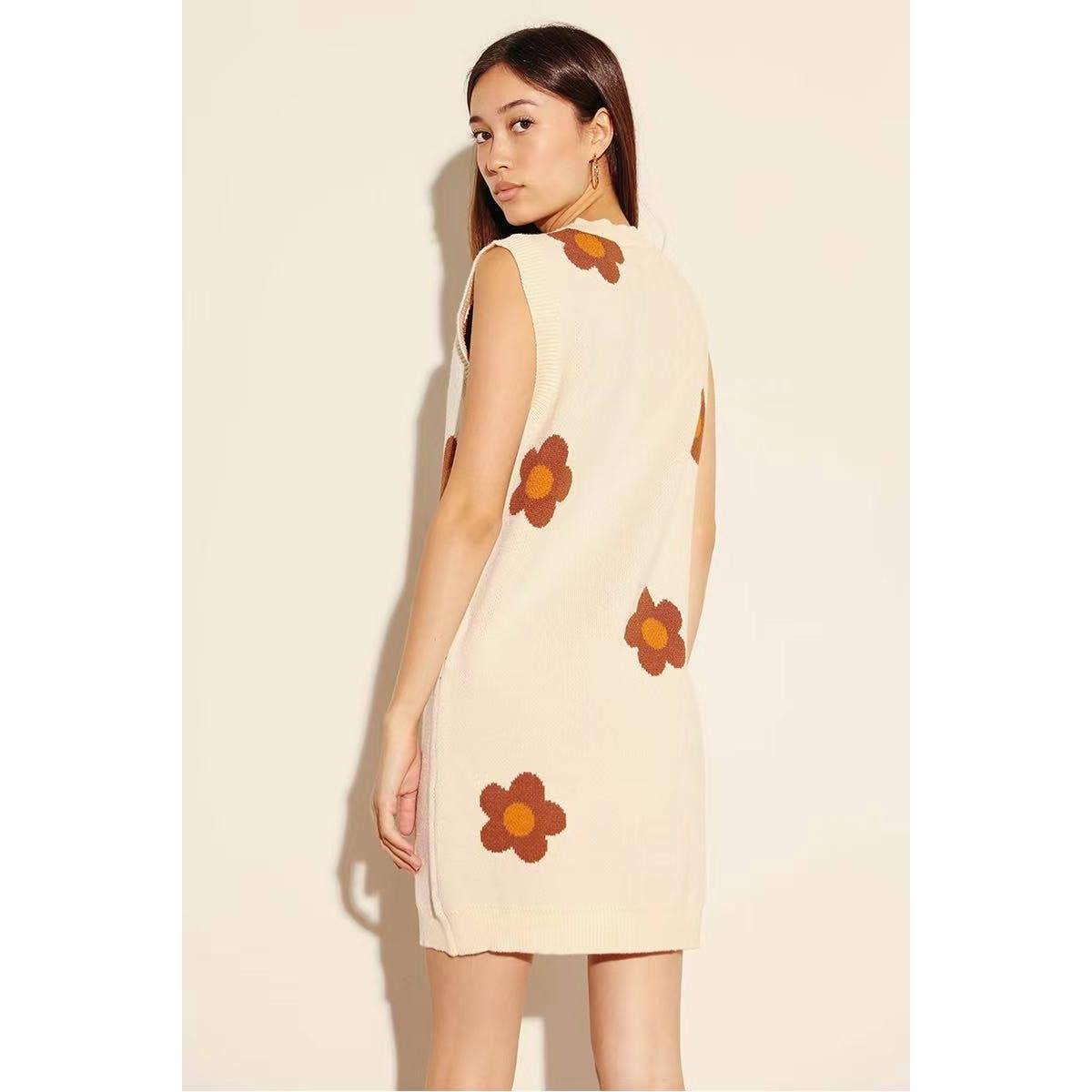 Flower Sweater Dress in Cream | Sleeveless V-Neck Knit Mini Dress with All-Over Intarsia [SM–XL]