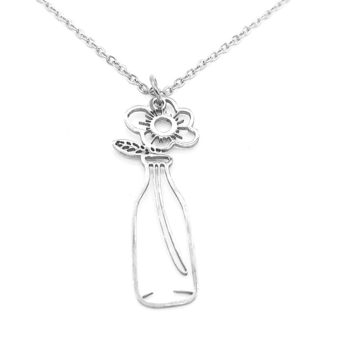 Flower in Vase Stainless Steel Necklace | Pretty Silver Pendant on Chain