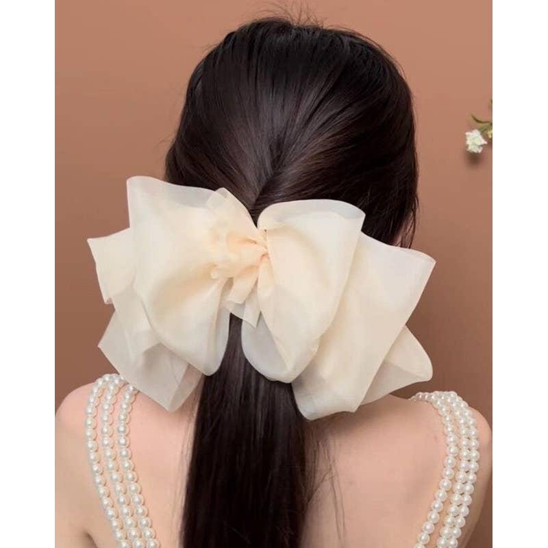 Fluffy Oversized Hair Bow Clip | Spring & Summer Hair Accessory (Beige, Black, Cream)