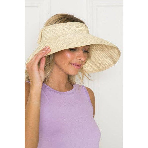 Foldable Wide Brim Bow Visor Sun Hat [Available in Ivory or Pink]