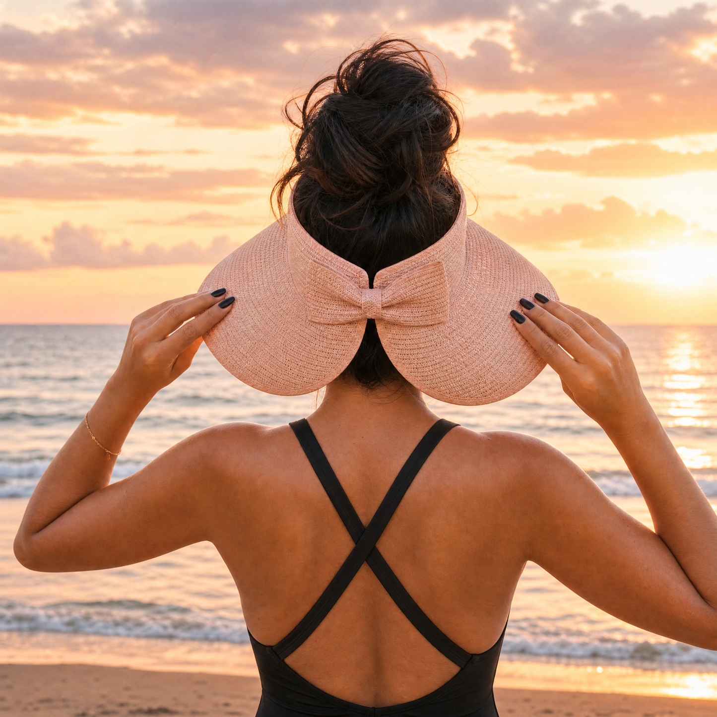 Foldable Wide Brim Bow Visor Sun Hat [Available in Ivory or Pink]-JOSSLYN by Wall to Wall-The Bullish Store