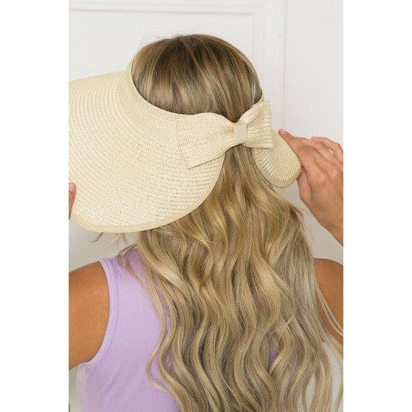 Foldable Wide Brim Bow Visor Sun Hat [Available in Ivory or Pink]