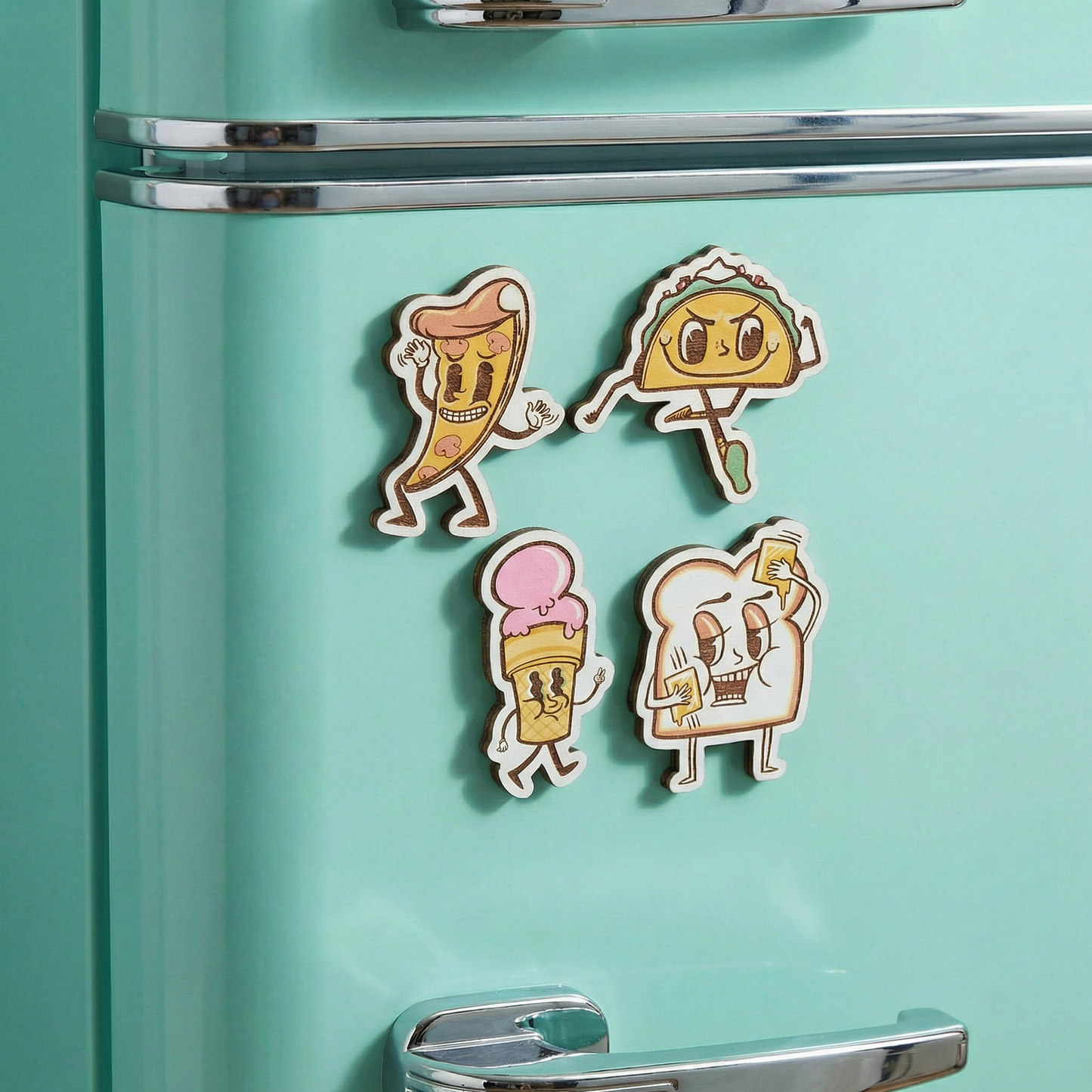 Food Crew Magnet Set | Retro Wooden Food Character Fridge Magnets | Pizza Taco Ice Cream Toast Kitchen Gift