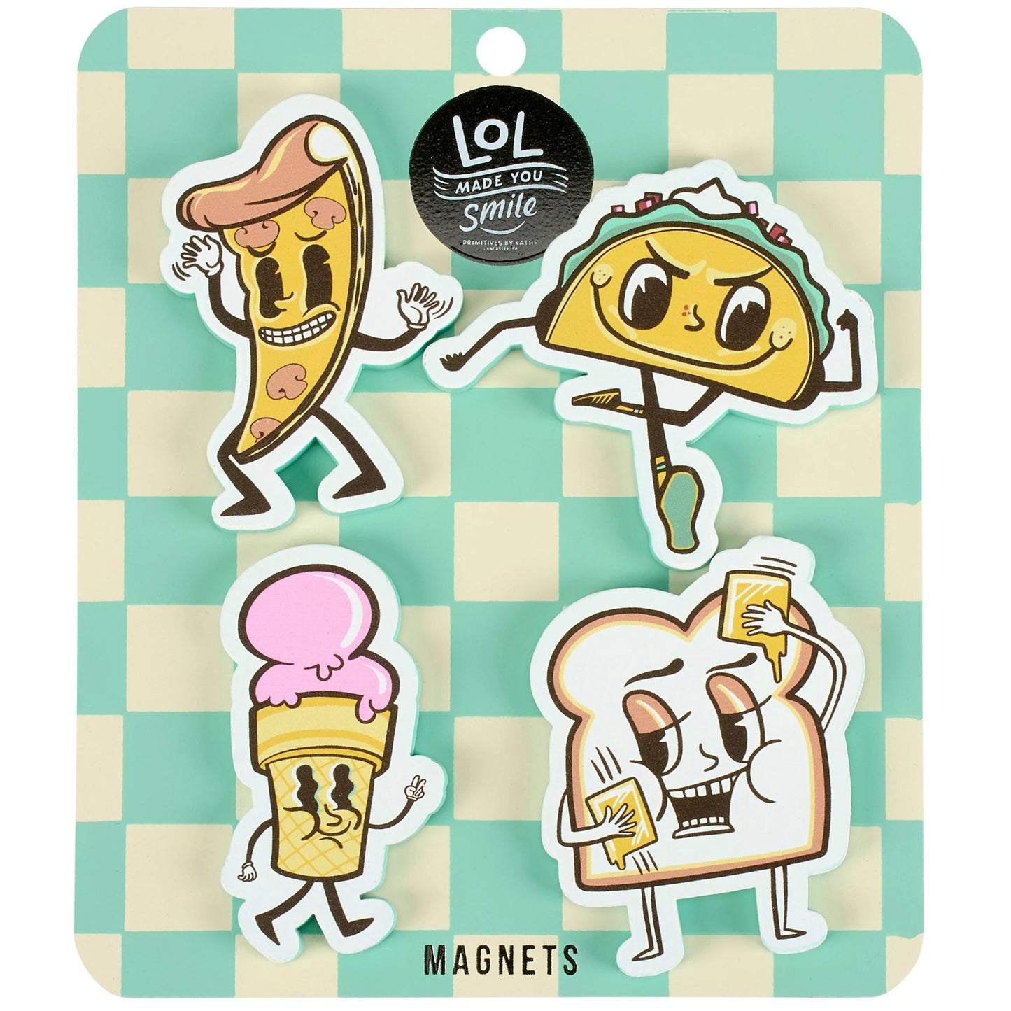 Food Crew Magnet Set | Retro Wooden Food Character Fridge Magnets | Pizza Taco Ice Cream Toast Kitchen Gift