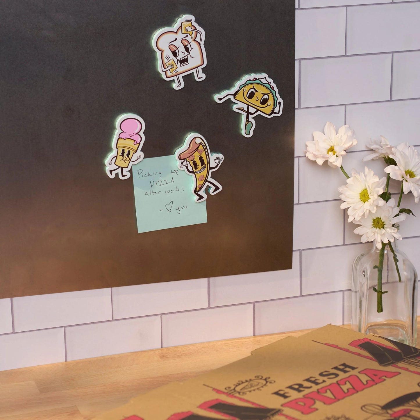 Food Crew Magnet Set | Retro Wooden Food Character Fridge Magnets | Pizza Taco Ice Cream Toast Kitchen Gift