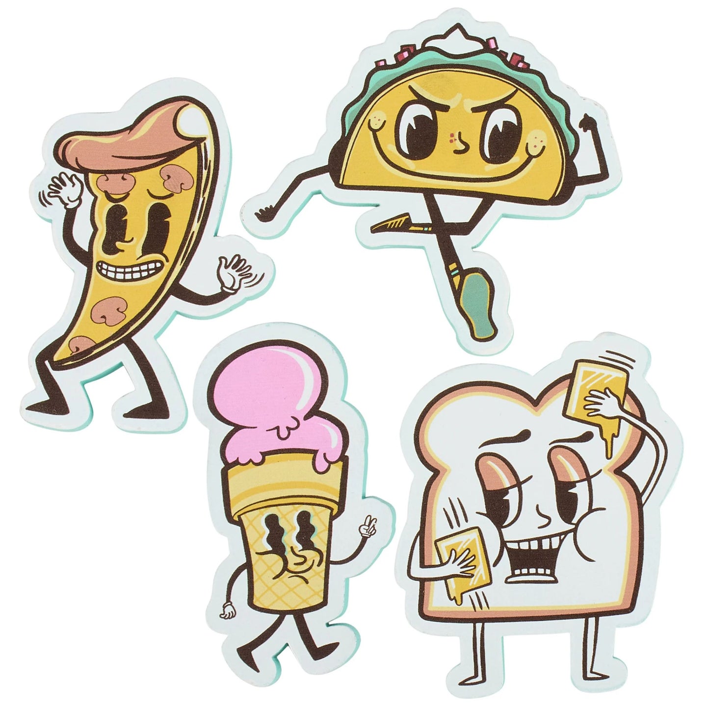 Food Crew Magnet Set | Retro Wooden Food Character Fridge Magnets | Pizza Taco Ice Cream Toast Kitchen Gift