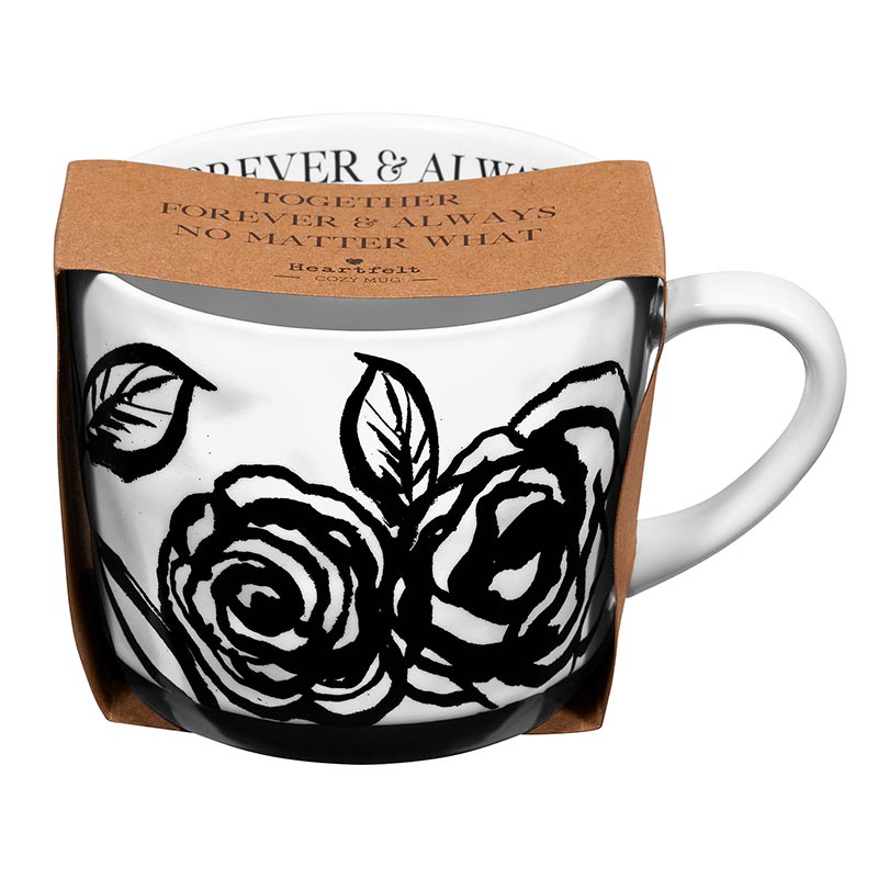 Forever & Always Mug in White with Black Floral Artwork | Giftable Coffee Tea Cup | 15oz