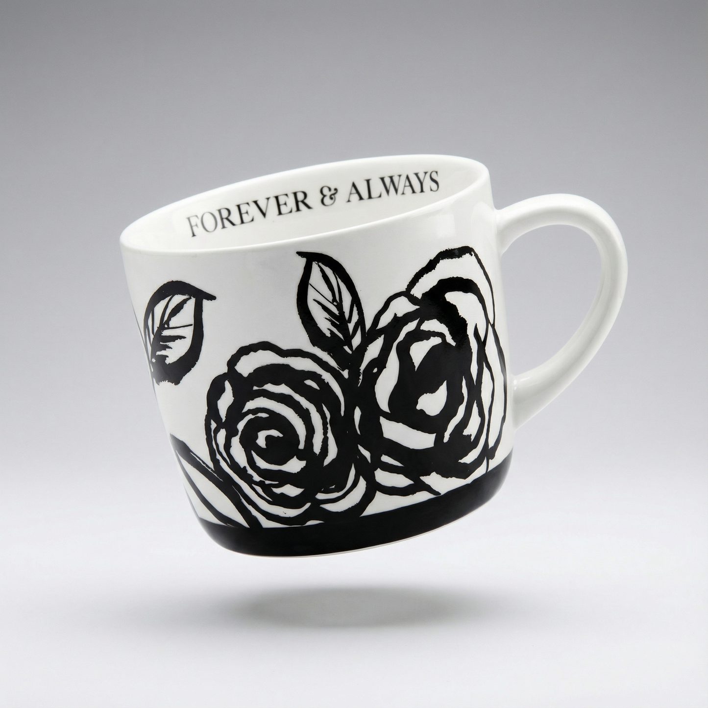 Forever & Always Mug in White with Black Floral Artwork | Giftable Coffee Tea Cup | 15oz