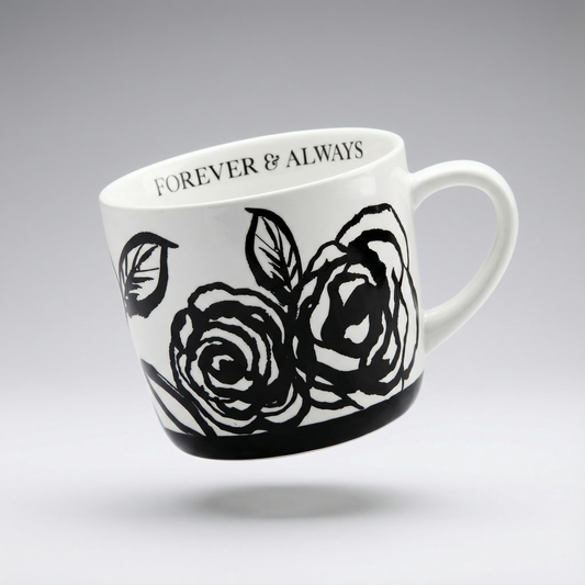 Forever & Always Mug in White with Black Floral Artwork | Giftable Coffee Tea Cup | 15oz