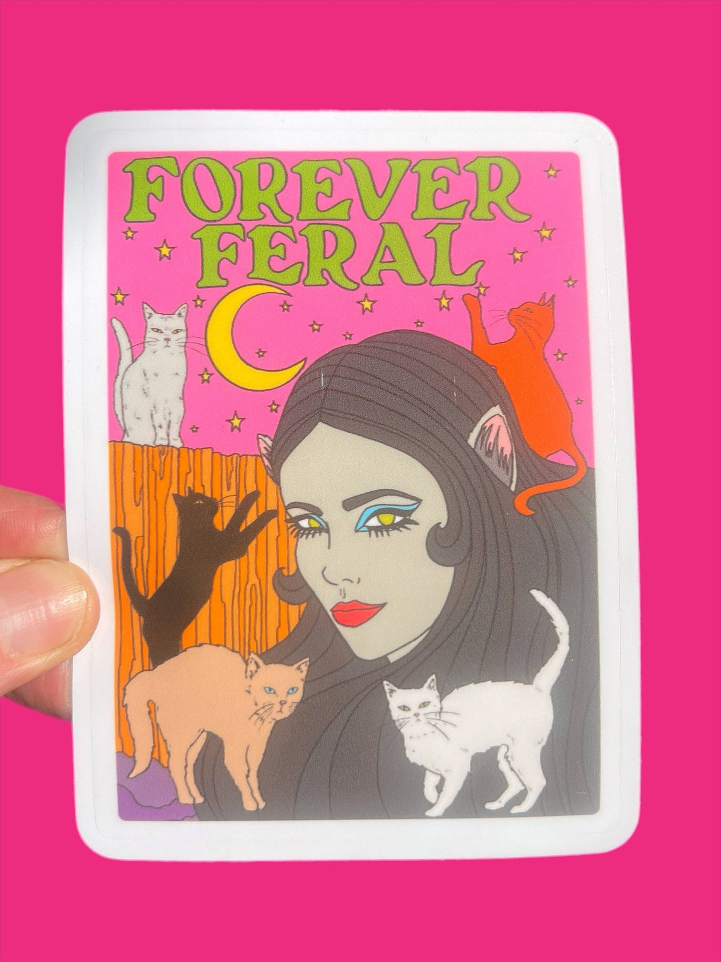 Forever Feral Waterproof Vinyl Sticker | Glossy Cats Retro Art Decal | 3"