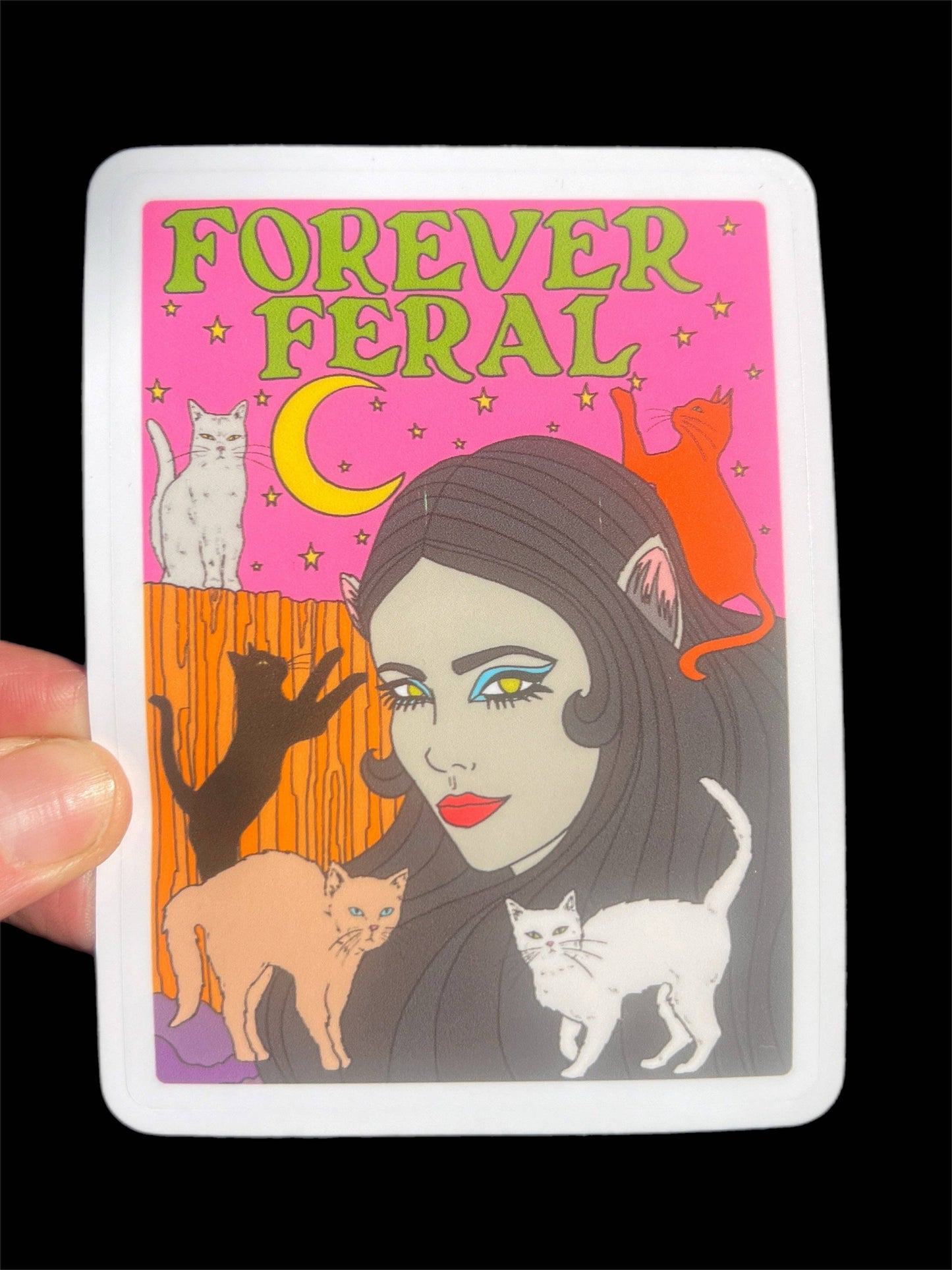 Forever Feral Waterproof Vinyl Sticker | Glossy Cats Retro Art Decal | 3"