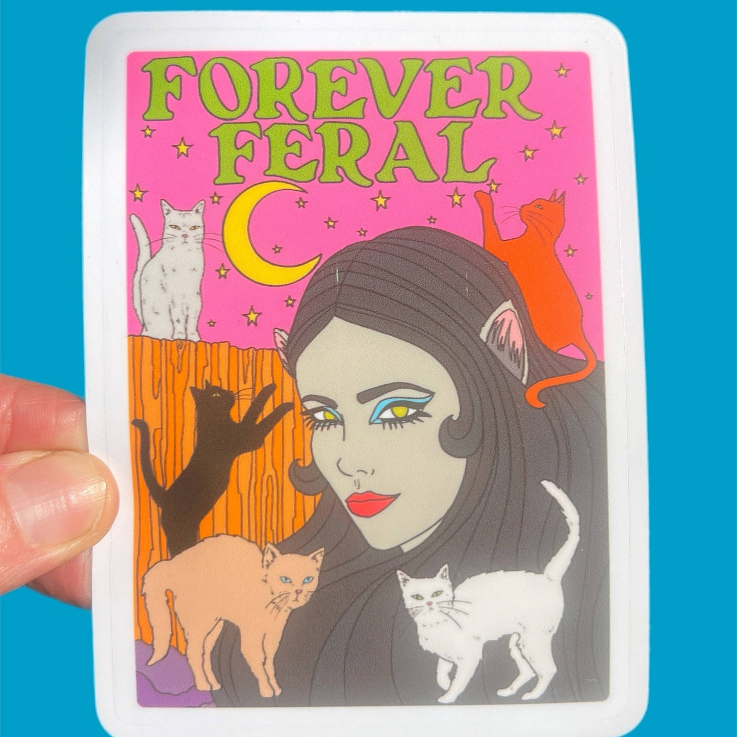 Forever Feral Waterproof Vinyl Sticker | Glossy Cats Retro Art Decal | 3"