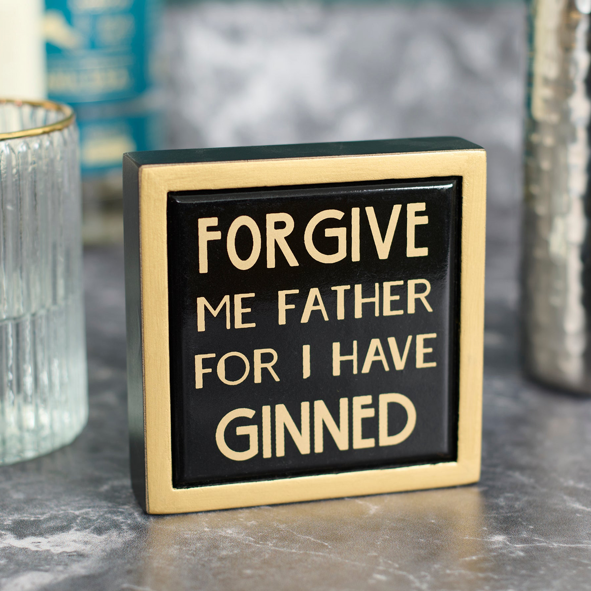 Forgive Me For I Have Ginned Mini Box Sign | Art Deco Bar Decor | 4" x 4"-Primitives by Kathy-The Bullish Store