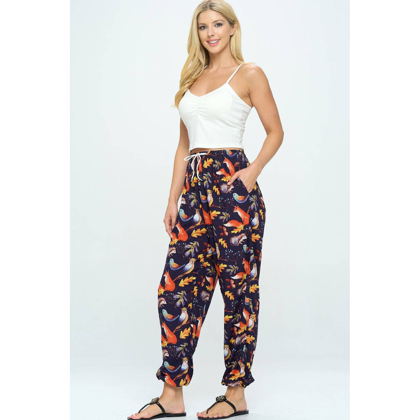 Fox and Owl Woodland Print Pants With Drawstring and Pockets | High Waisted Loose Summer Trousers One Size