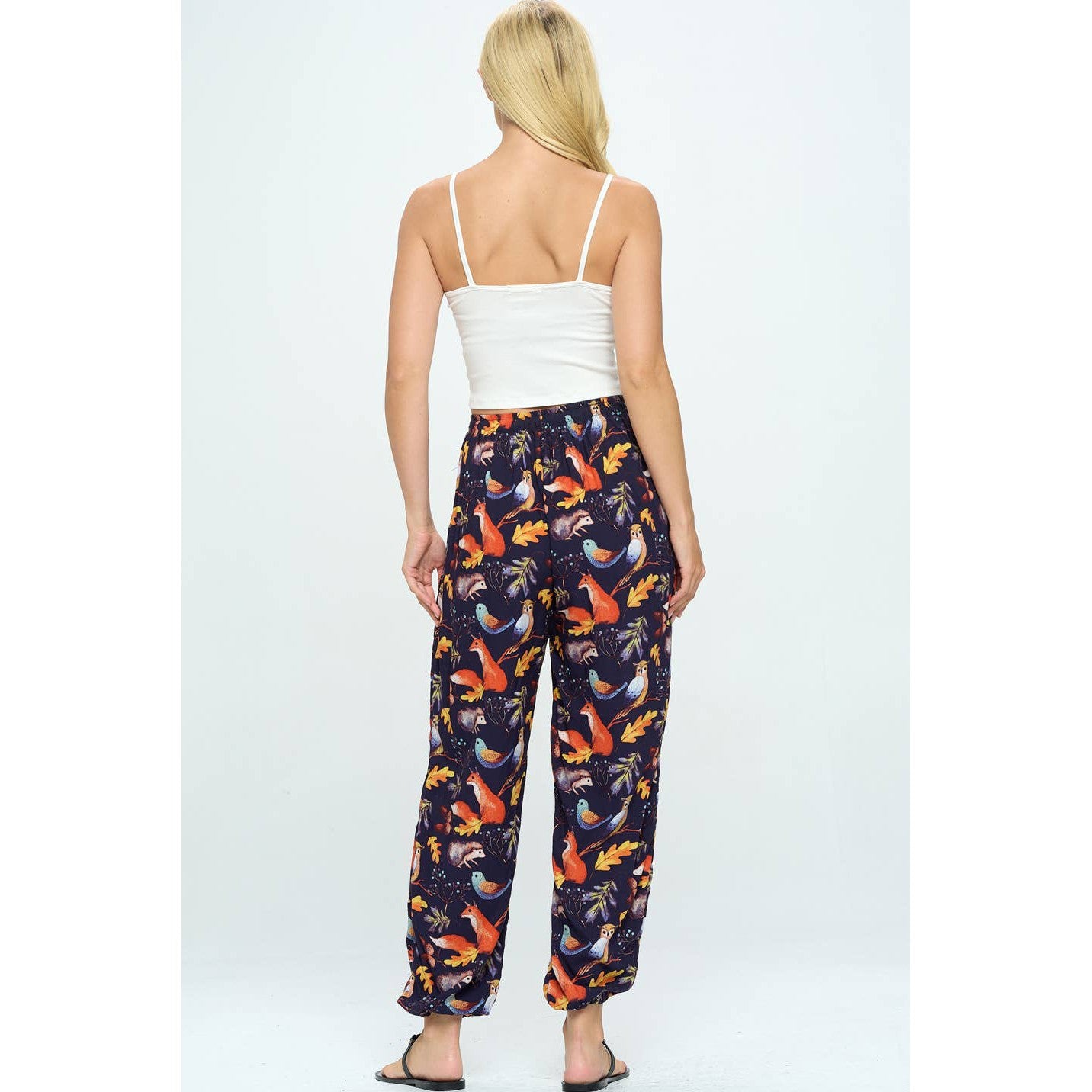 Fox and Owl Woodland Print Pants With Drawstring and Pockets | High Waisted Loose Summer Trousers One Size