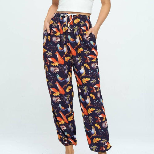 Fox and Owl Woodland Print Pants With Drawstring and Pockets | High Waisted Loose Summer Trousers One Size