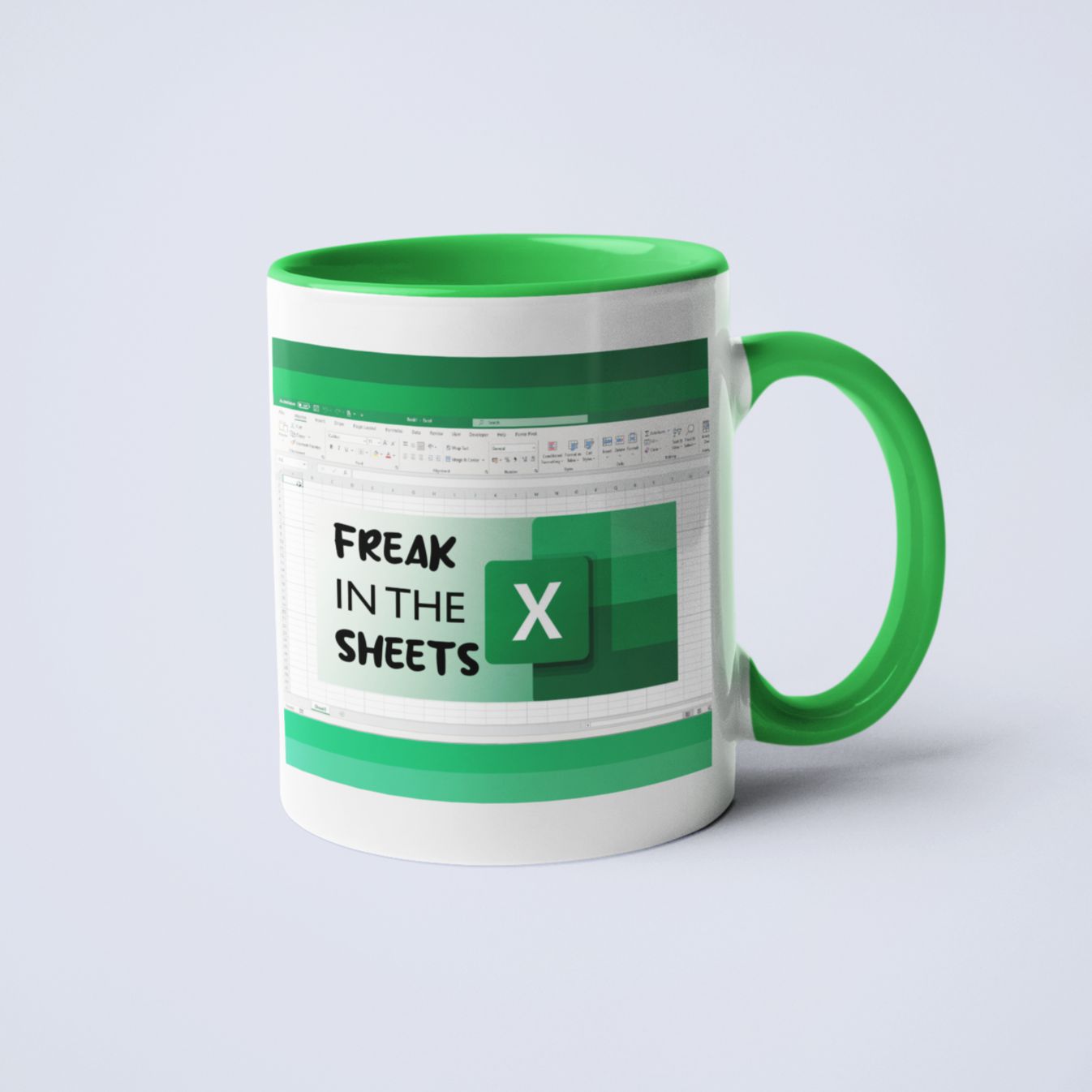 Freak In The (Excel) Sheets Ceramic Mug in White and Green | Coffee Tea Cup | 15oz