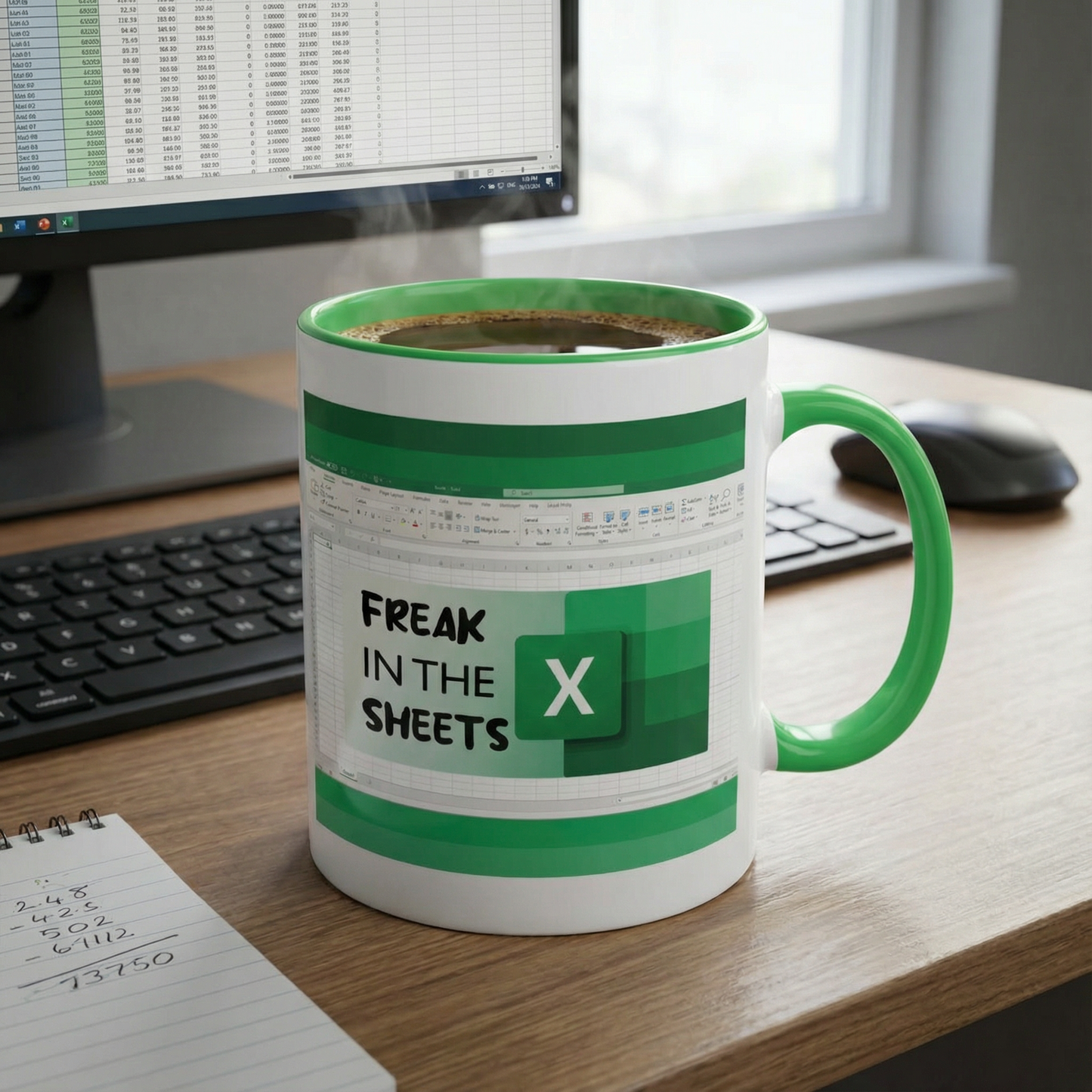 Freak In The (Excel) Sheets Ceramic Mug in White and Green | Coffee Tea Cup | 15oz