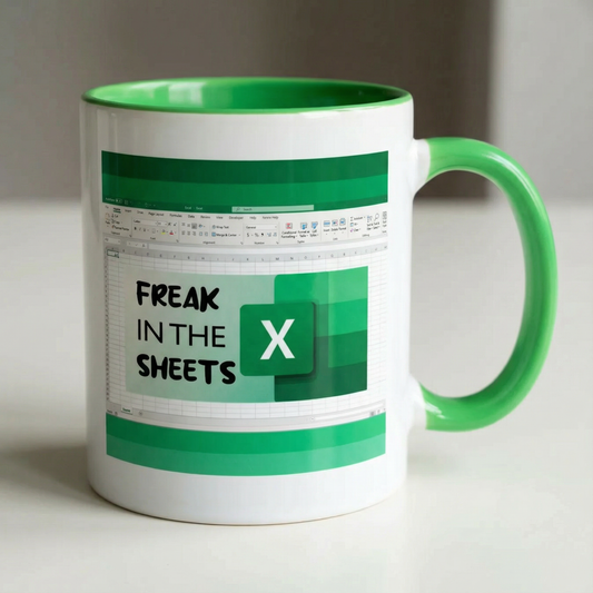 Freak In The (Excel) Sheets Ceramic Mug in White and Green | Coffee Tea Cup | 15oz