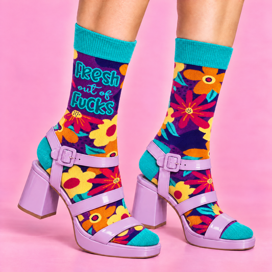 Fresh Out of Fucks Ladies' Novelty Crew Socks | Floral Retro-Fabdaz-The Bullish Store