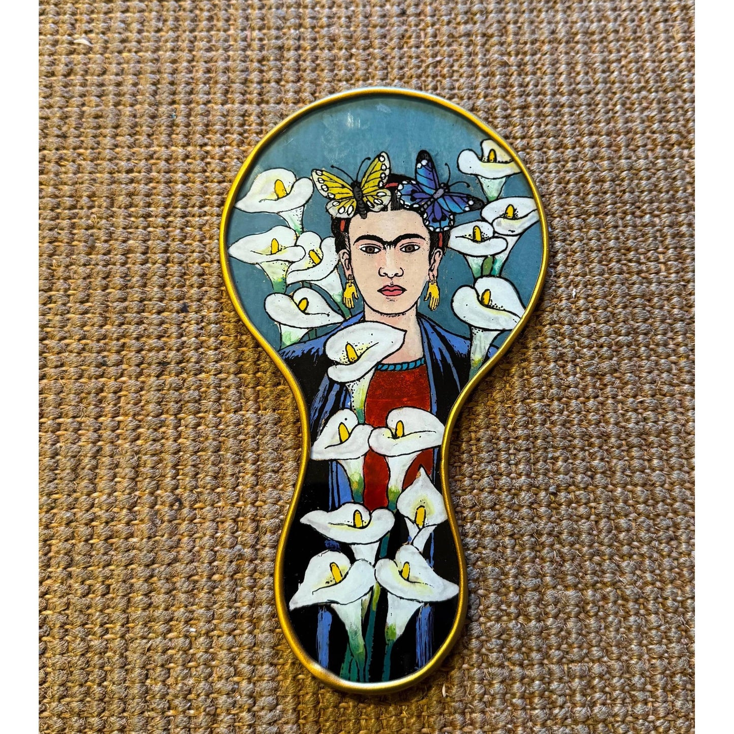 Frida Kahlo Hand Mirror with Calla Lilies & Butterflies | Hand-Painted Reverse Glass, Made in Peru