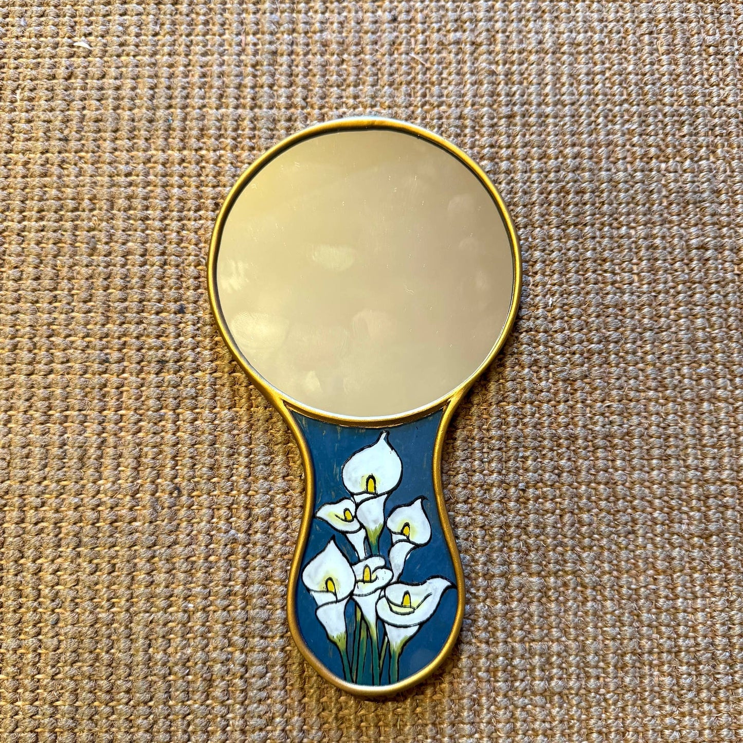 Frida Kahlo Hand Mirror with Calla Lilies & Butterflies | Hand-Painted Reverse Glass, Made in Peru