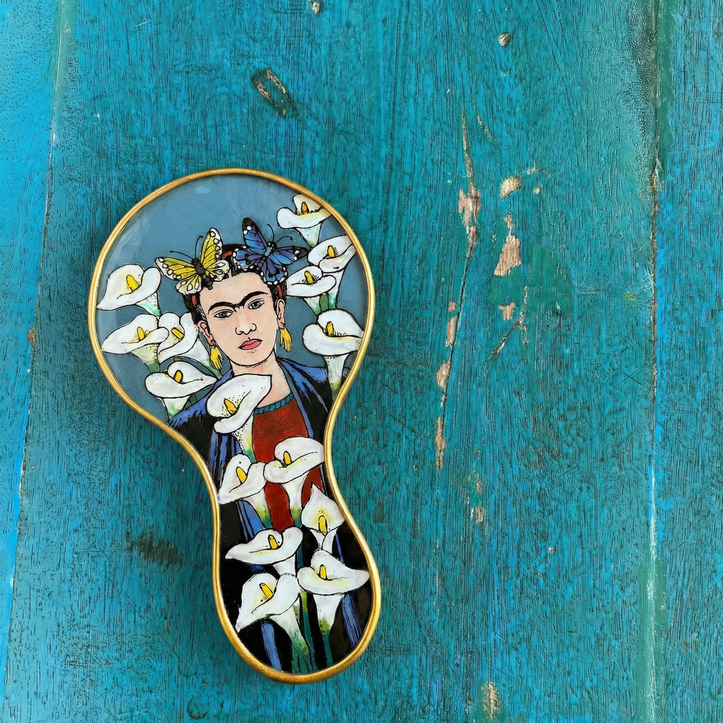 Frida Kahlo Hand Mirror with Calla Lilies & Butterflies | Hand-Painted Reverse Glass, Made in Peru