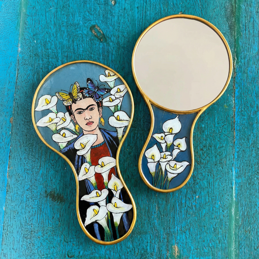 Frida Kahlo Hand Mirror with Calla Lilies & Butterflies | Hand-Painted Reverse Glass, Made in Peru