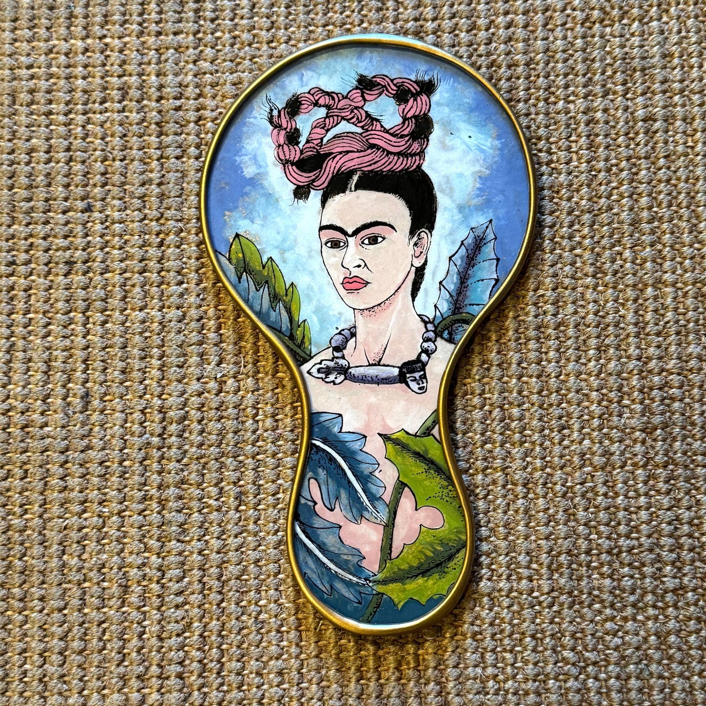 Frida Kahlo Hand Mirror with Floral Hair Knot | Hand-Painted Reverse Glass, Made in Peru
