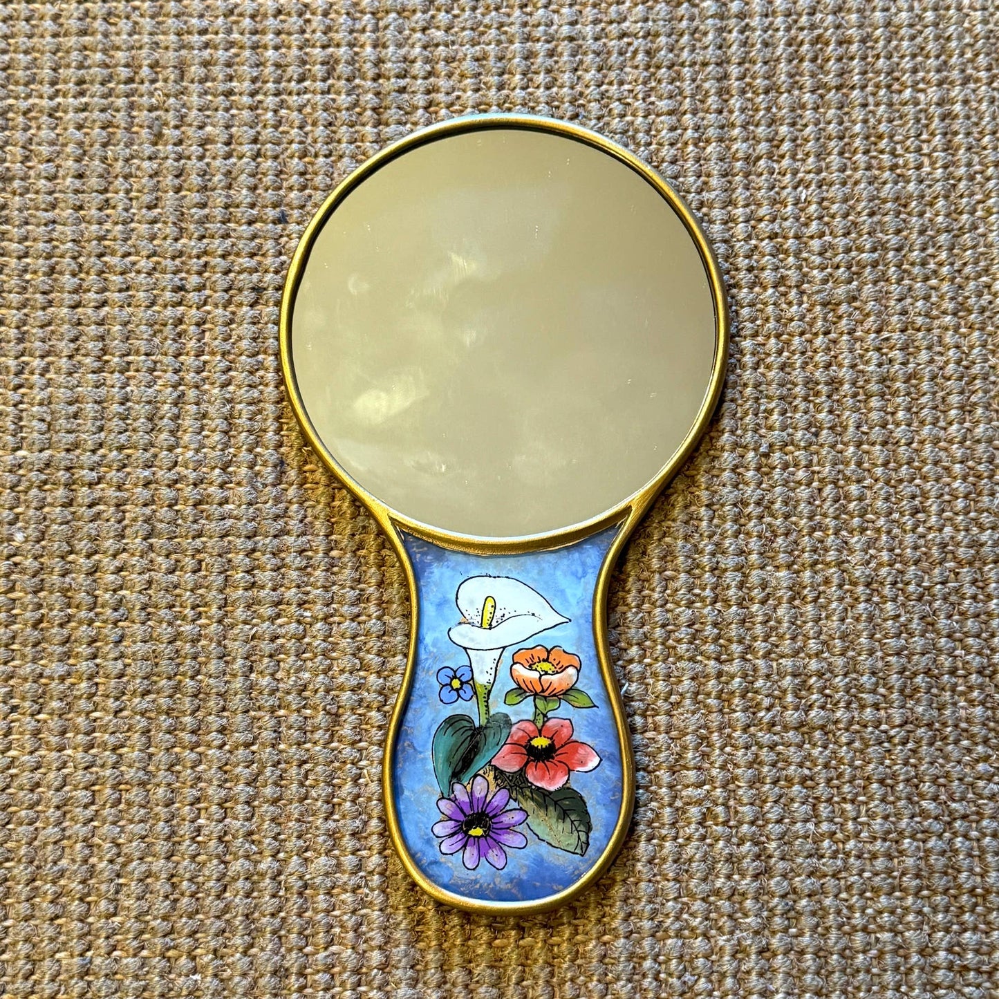 Frida Kahlo Hand Mirror with Floral Hair Knot | Hand-Painted Reverse Glass, Made in Peru