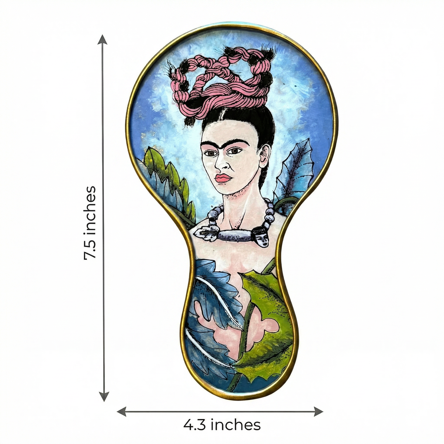 Frida Kahlo Hand Mirror with Floral Hair Knot | Hand-Painted Reverse Glass, Made in Peru