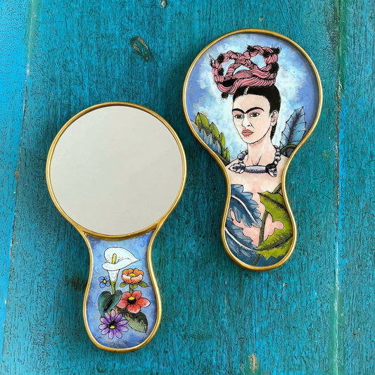 Frida Kahlo Hand Mirror with Floral Hair Knot | Hand-Painted Reverse Glass, Made in Peru