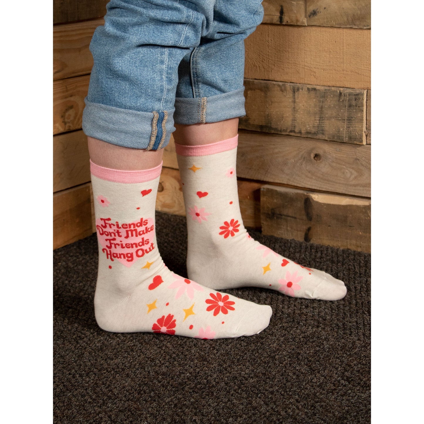 Friends Don't Make Friends Hang Out Women's Crew Socks | Pink Flowers Hearts Print | BlueQ at GetBullish