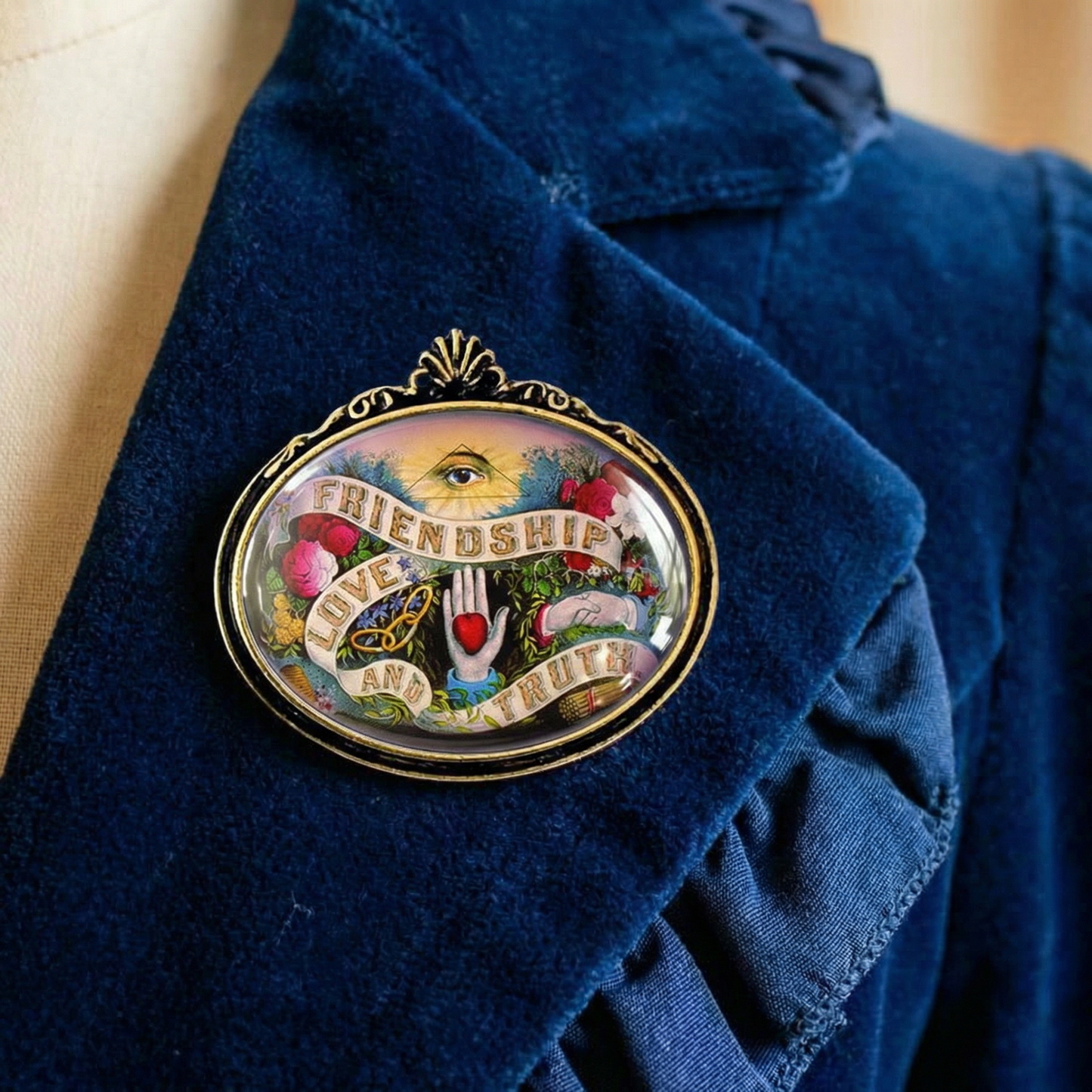 Friendship Love Truth Masonic Brooch | Vintage FLT Illustration Pin | Handmade Glass Cabochon Fraternal Jewelry